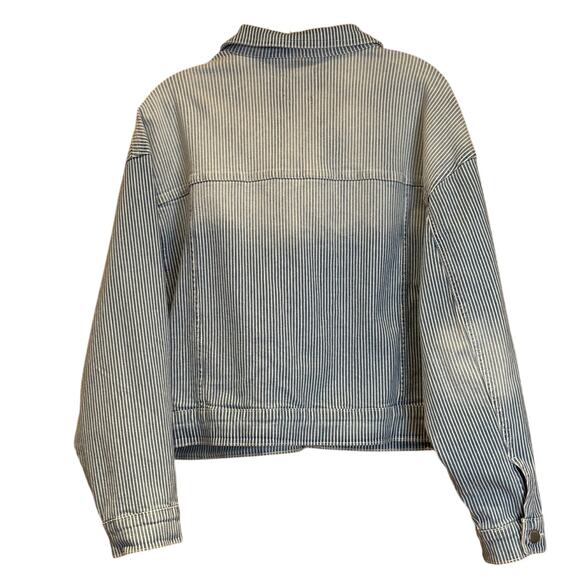 Women's PTCL Pinstriped Jean Denim Jacket, Blue Size Large, EUC - Picture 2 of 5